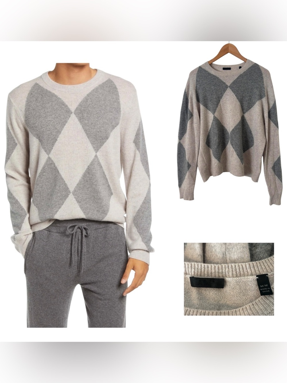 ATM Cashmere Argyle Crewneck Sweater